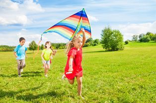 Kids playing in the park with a kite