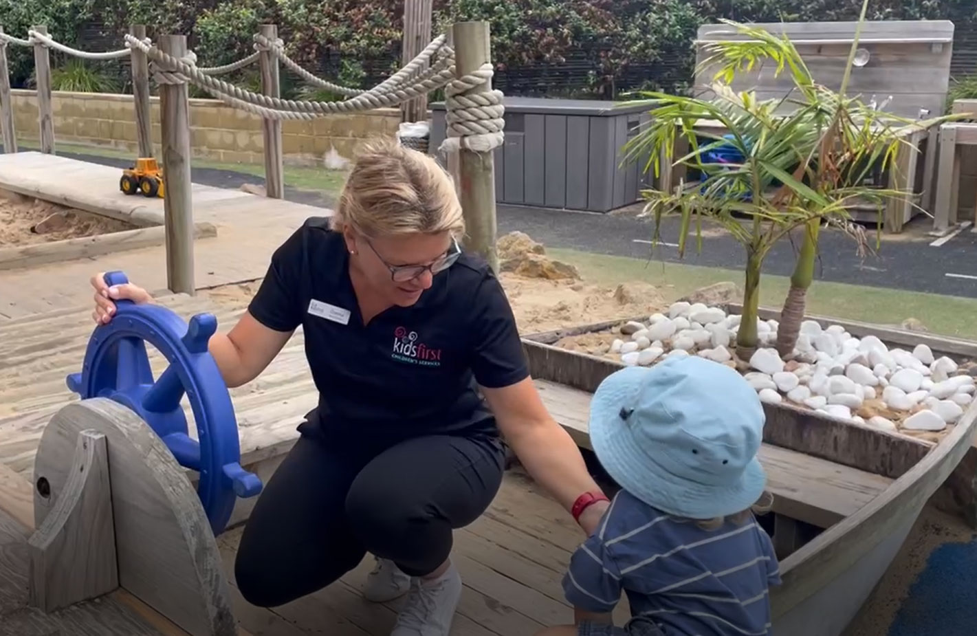 Part-time paediatric speech pathologist working with child in therapy session at Kids First Children's Services in Brookvale